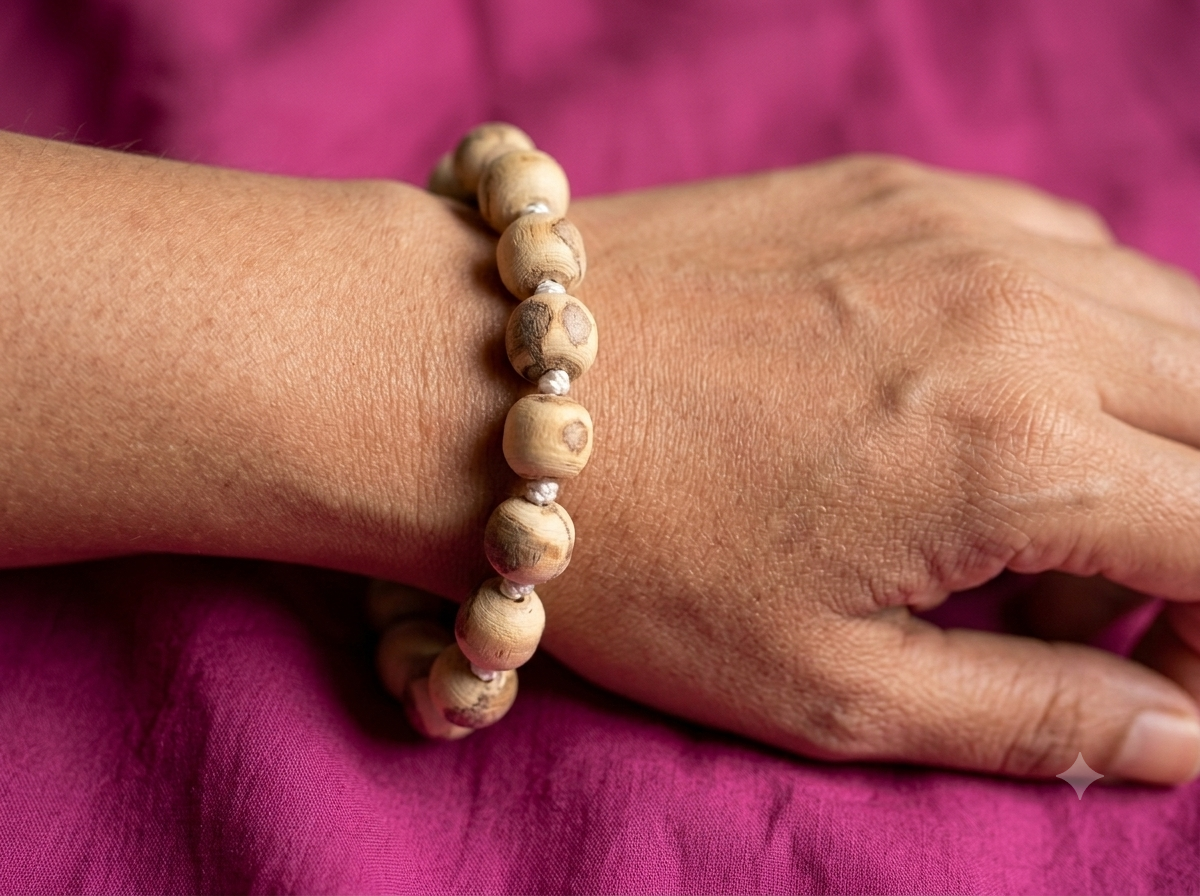 A traditional Tulsi Hand Bracelet featuring natural Tulsi beads, designed for comfortable everyday devotional wear.